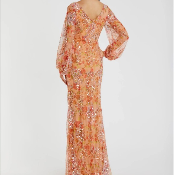 MAC DUGGAL 93547 FLORAL SEQUIND PUFF SLEEVE THIGH SLIT APRICOT GOWN sz 8 - Picture 3 of 5